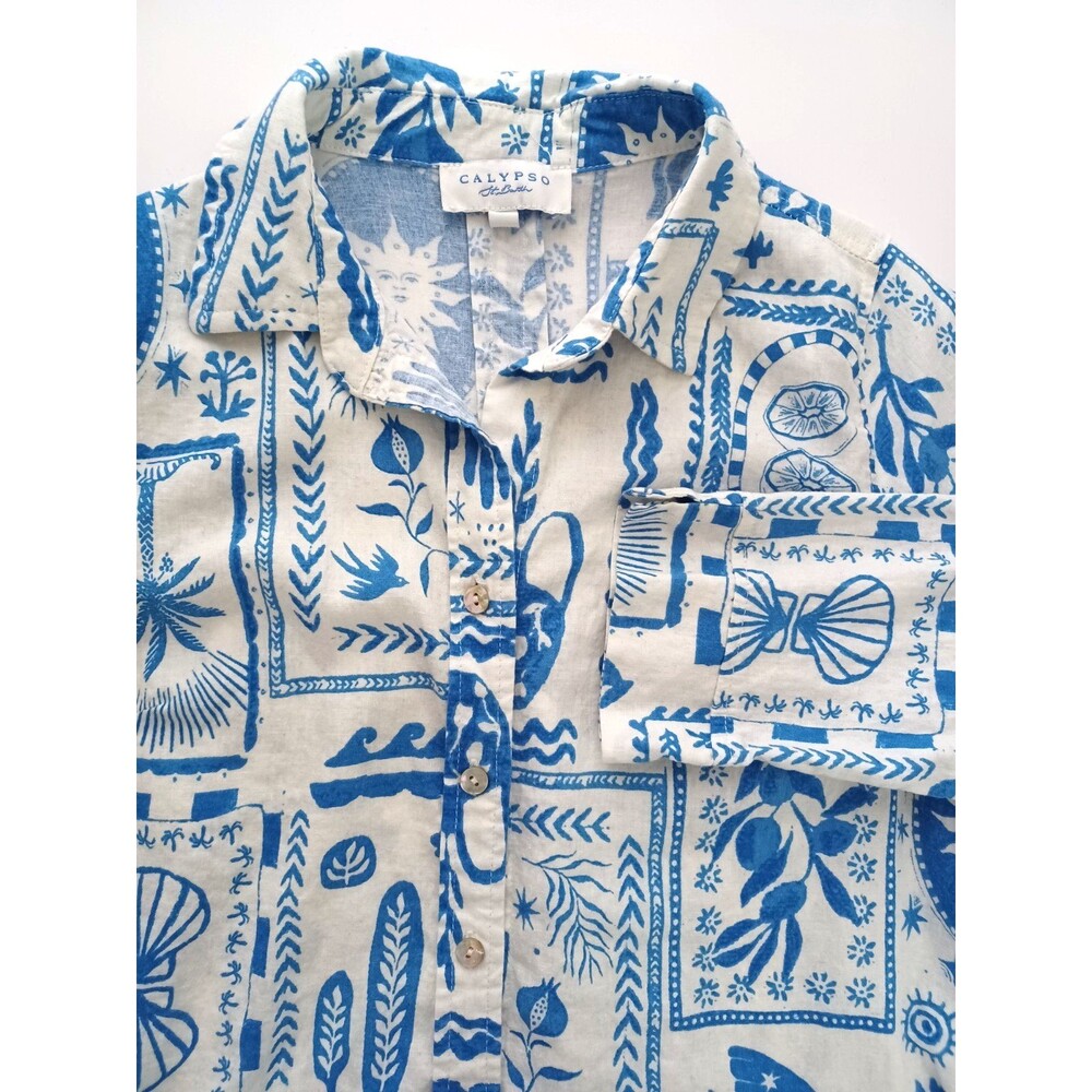 Calypso St Barth Top Women S 3/4 Sleeve Linen Blend Tropical Resort Beach Button